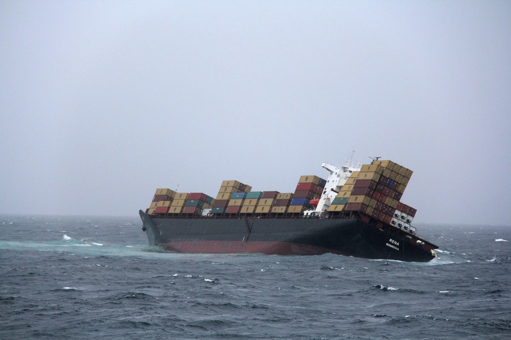 Rena port side showing a list of close to 20 degrees to starboard - she was previously listed 11 degrees to port © New Zealand Defence Force